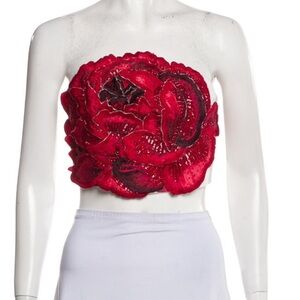Alice + Olivia Red Floral Sequin Strapless Crop Top